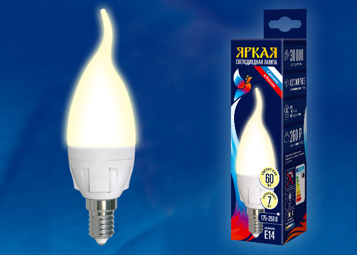 LED-CW37 7W/WW/E14/FR PLP01WH Лампа светодиодная. Форма «свеча на ветру», матовая. Серия ЯРКАЯ. Тепл